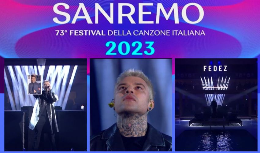 Sanremo 2023, Fedez strappa la foto del viceministro Bignami