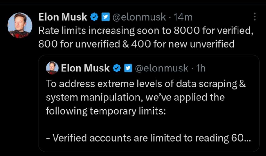 Elon Musk impone “limiti temporanei” a Twitter contro il data scraping